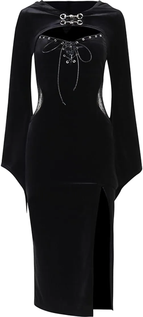 Women Gothic Dress Punk Halloween Vintage Harajuku Velvet Lace Y2k Mall Goth A-Line Dresses