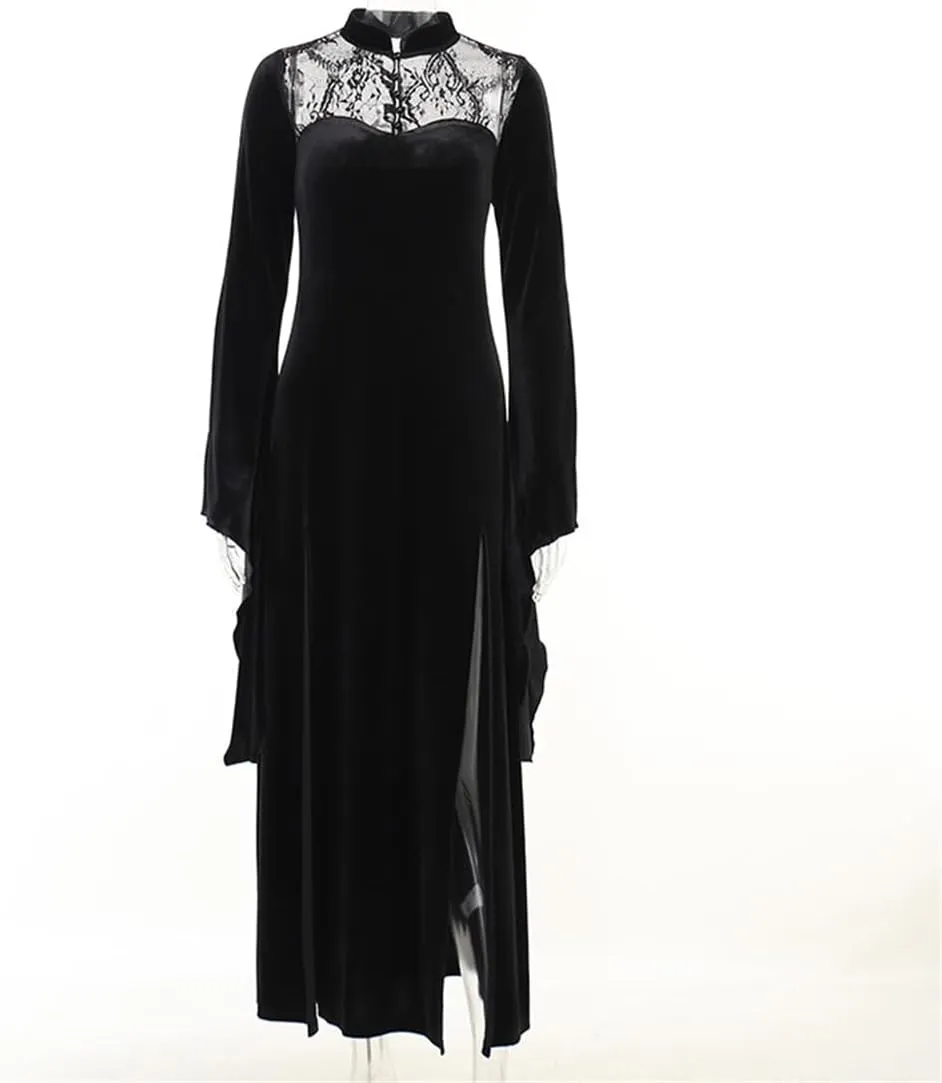 Women Gothic Dress Punk Halloween Vintage Harajuku Velvet Lace Y2k Mall Goth A-Line Dresses