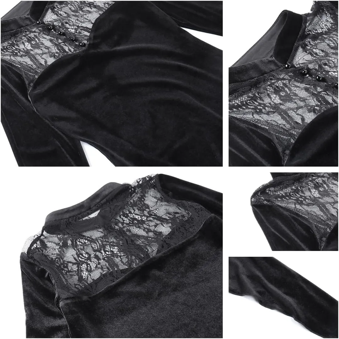 Women Gothic Dress Punk Halloween Vintage Harajuku Velvet Lace Y2k Mall Goth A-Line Dresses
