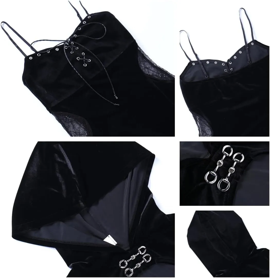 Women Gothic Dress Punk Halloween Vintage Harajuku Velvet Lace Y2k Mall Goth A-Line Dresses