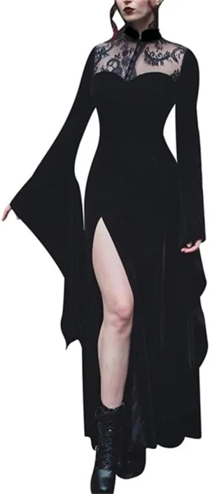 Women Gothic Dress Punk Halloween Vintage Harajuku Velvet Lace Y2k Mall Goth A-Line Dresses