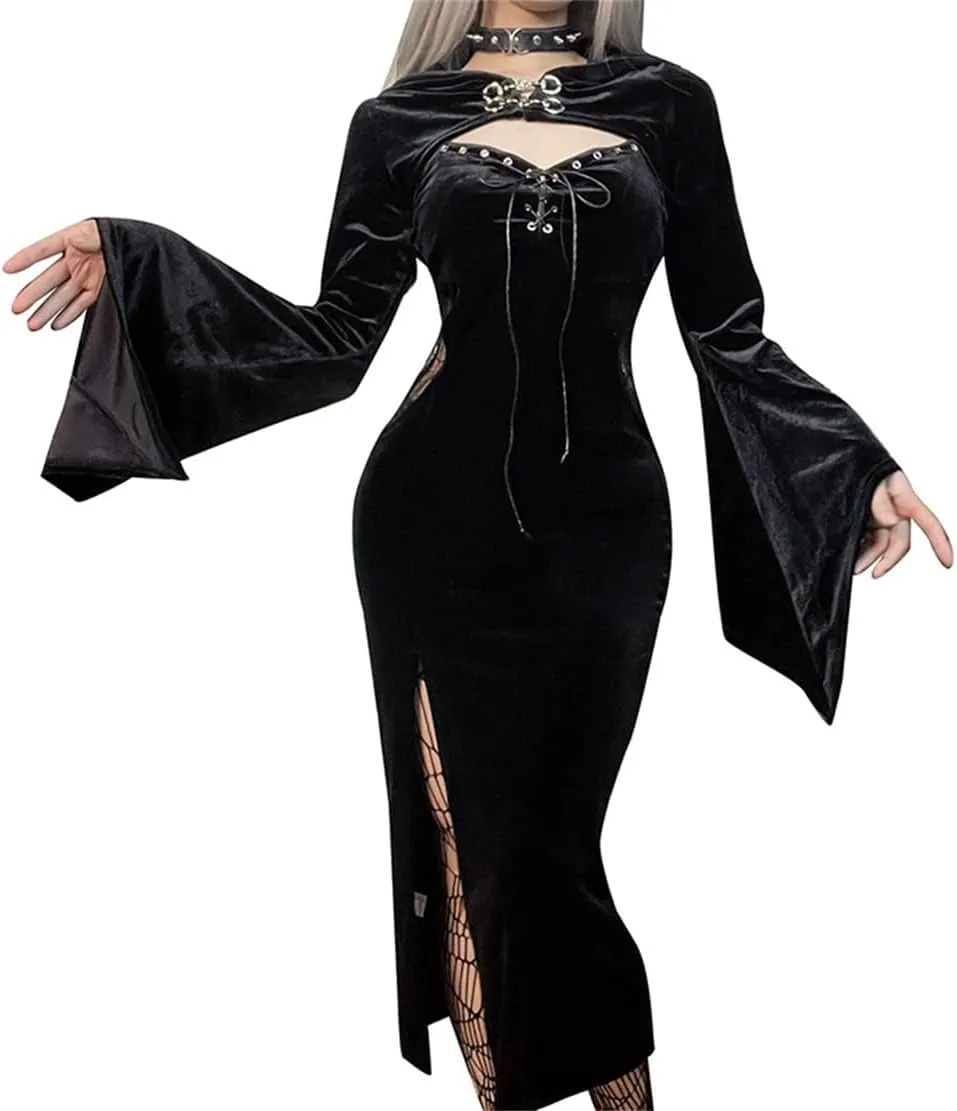 Women Gothic Dress Punk Halloween Vintage Harajuku Velvet Lace Y2k Mall Goth A-Line Dresses