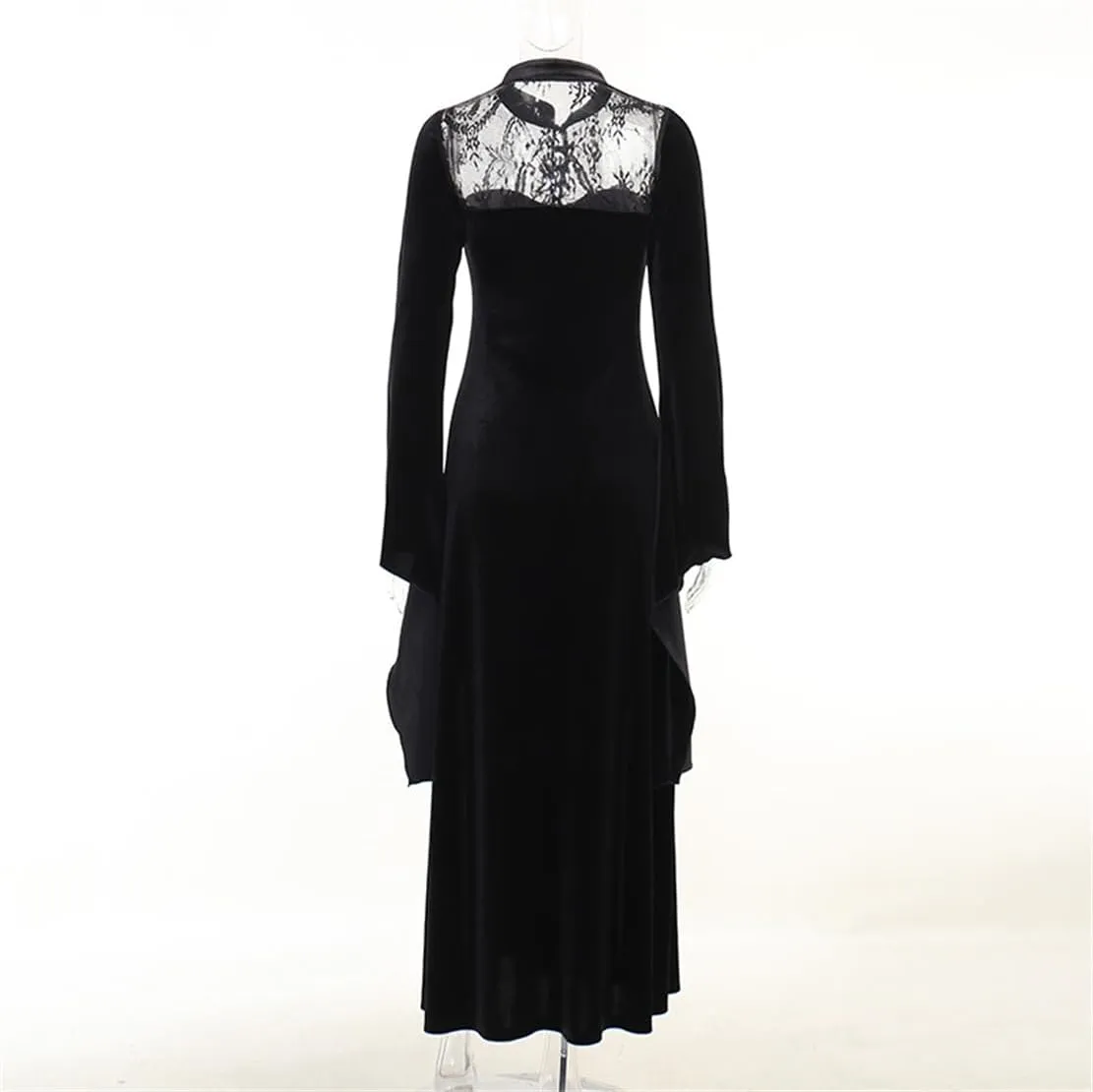 Women Gothic Dress Punk Halloween Vintage Harajuku Velvet Lace Y2k Mall Goth A-Line Dresses