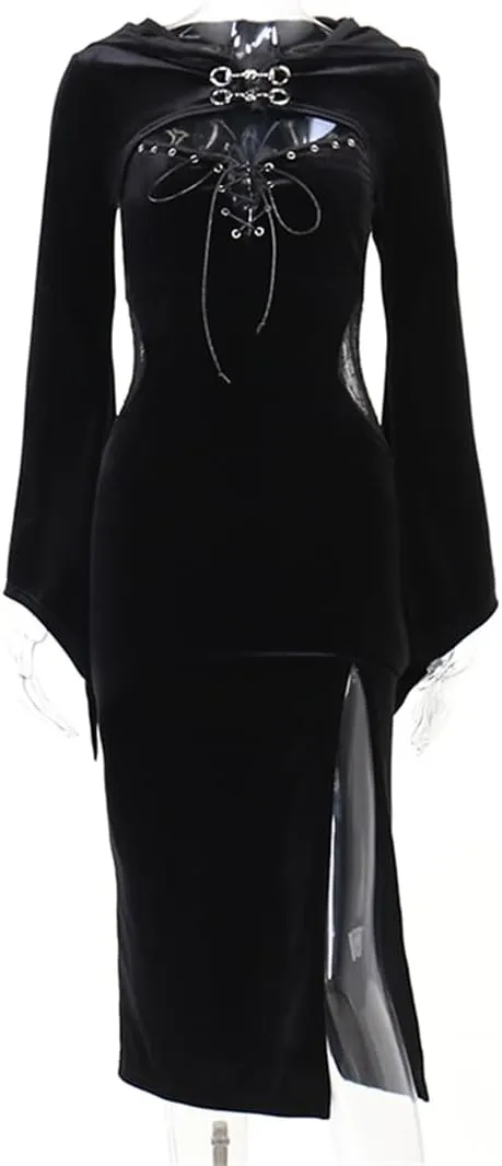 Women Gothic Dress Punk Halloween Vintage Harajuku Velvet Lace Y2k Mall Goth A-Line Dresses