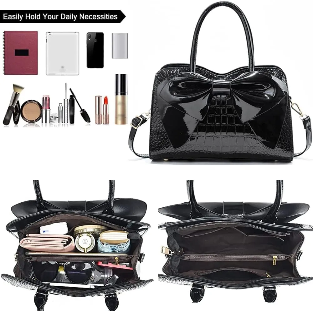 Women Handbgs Purses Patent Leather Satchel Top Handle Bags Bowknot Evening Bag