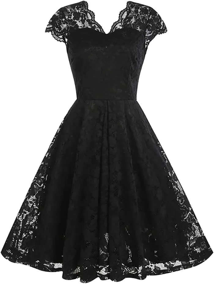 Women Mesh Floral Embroidery Vintage Cocktail Swing Dress Illusion 50s Goth Flared A line Casual Wedding Prom Evening Dress