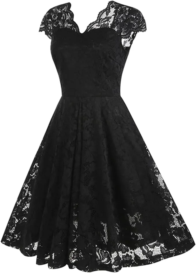 Women Mesh Floral Embroidery Vintage Cocktail Swing Dress Illusion 50s Goth Flared A line Casual Wedding Prom Evening Dress
