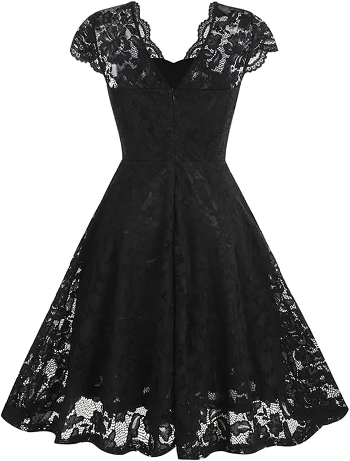 Women Mesh Floral Embroidery Vintage Cocktail Swing Dress Illusion 50s Goth Flared A line Casual Wedding Prom Evening Dress
