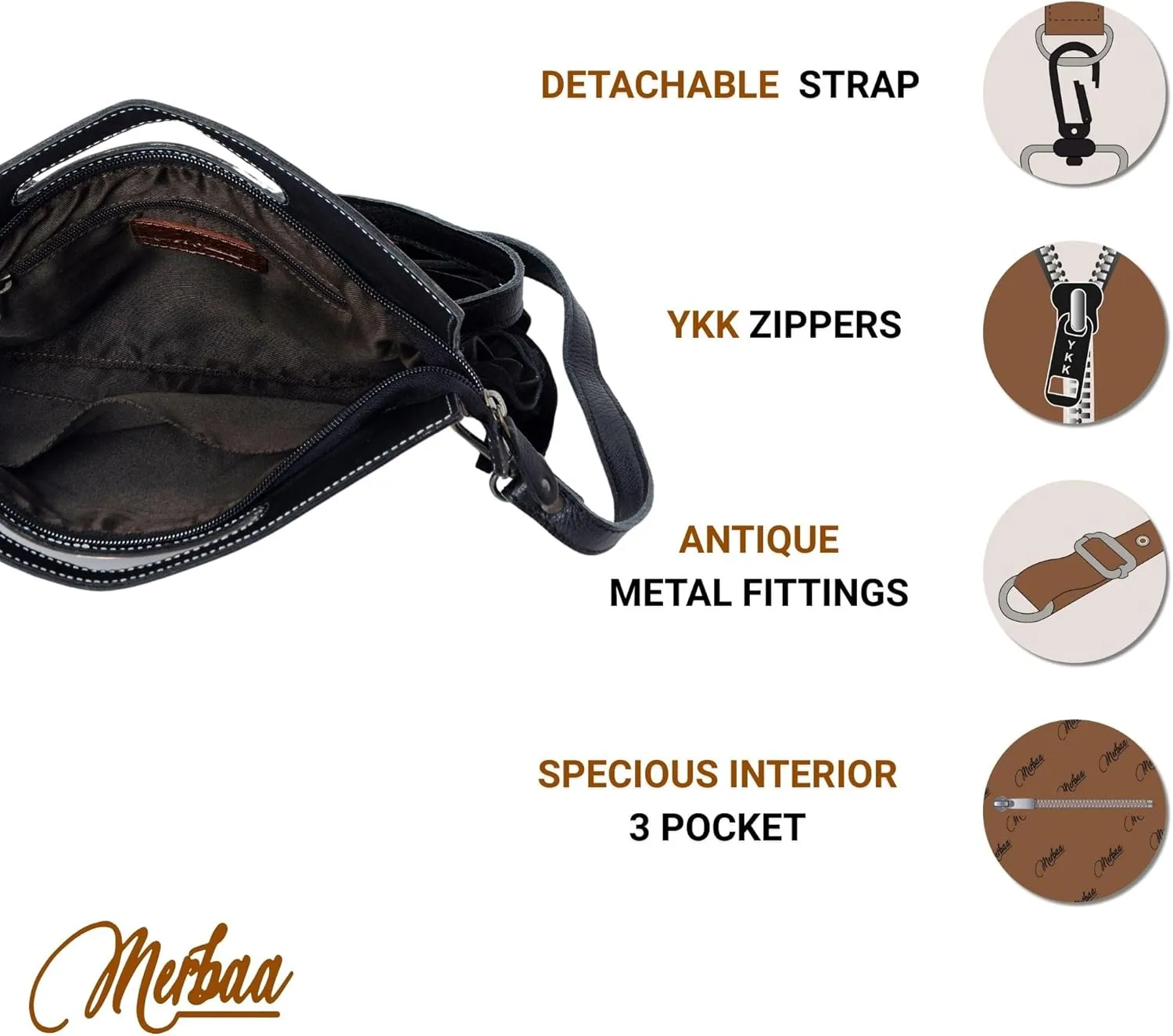 Women Natural Cowhide Leather Crossbody Sling Bag With Adjustable Detachable Strap | Shoulder Bag | Handbag
