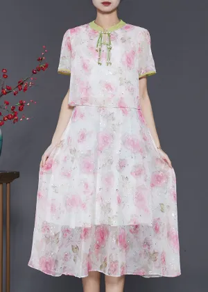Women Pink Tasseled Patchwork Print Silk Dress Summer SD1058