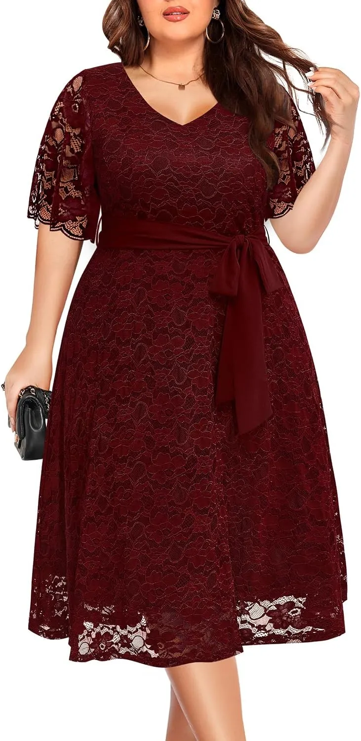 Women Plus Size Lace Bridal Shower Wedding Guest Cocktail Semi Formal V Neck Short Sleeve Midi Dresses