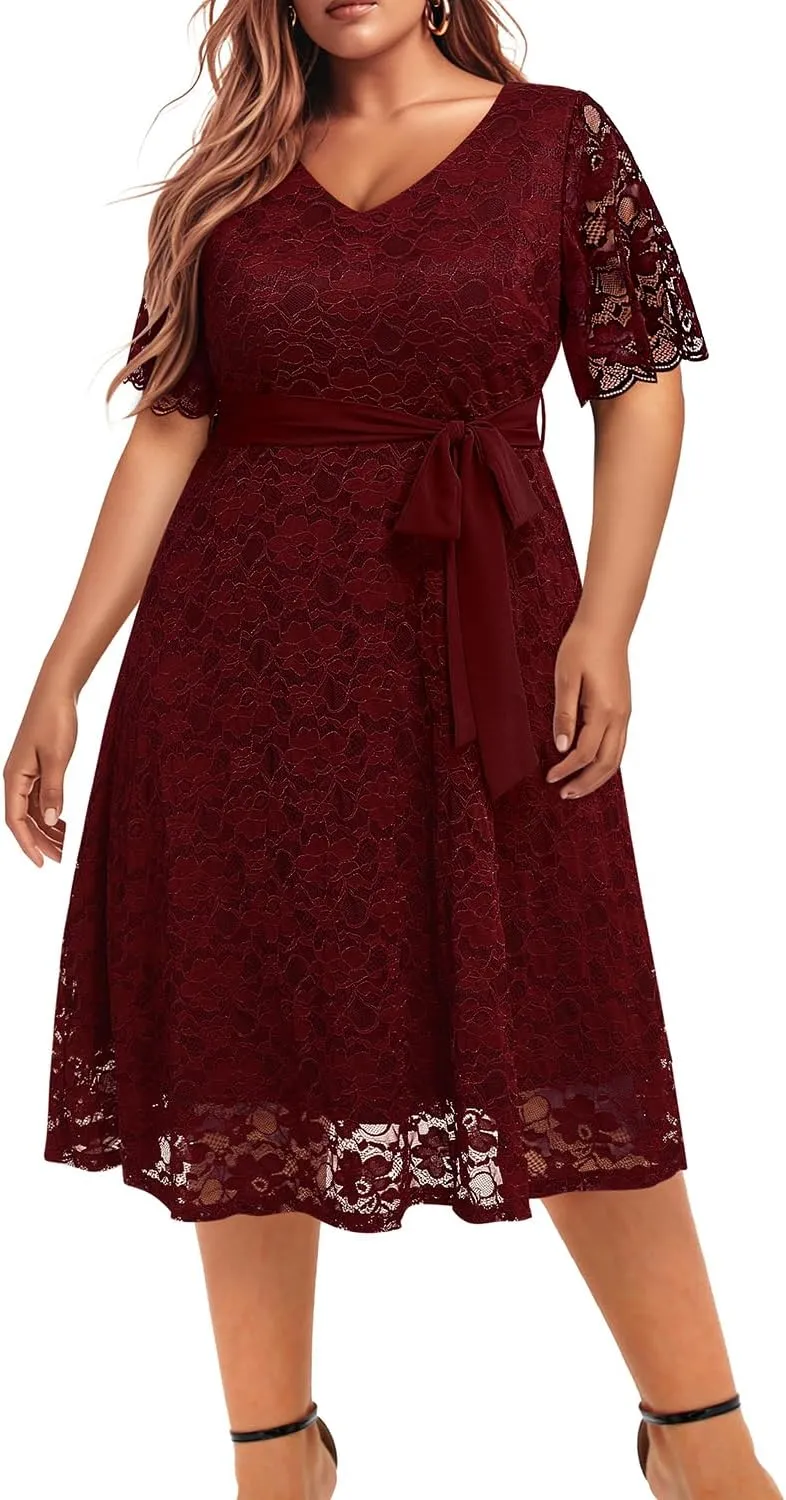 Women Plus Size Lace Bridal Shower Wedding Guest Cocktail Semi Formal V Neck Short Sleeve Midi Dresses