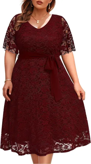 Women Plus Size Lace Bridal Shower Wedding Guest Cocktail Semi Formal V Neck Short Sleeve Midi Dresses