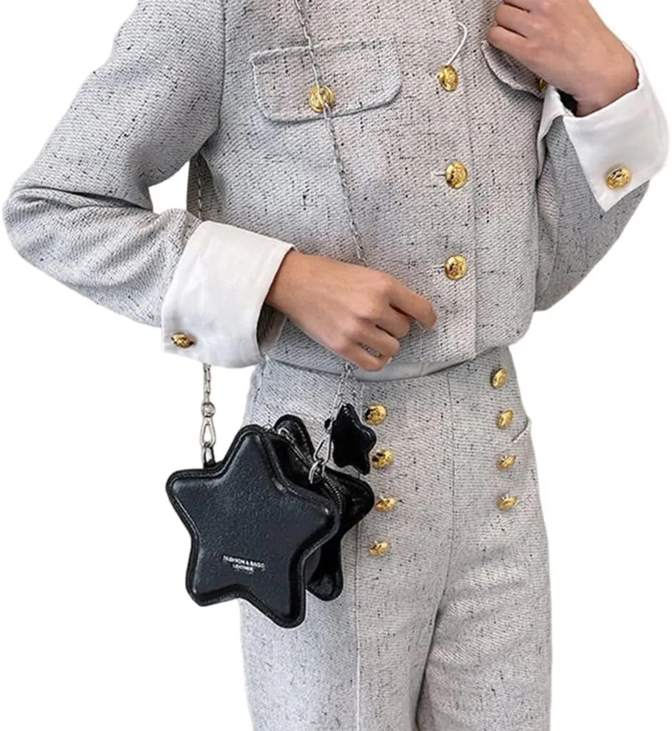 Women PU Leather Shoulder Bag Cute Star Shape Sparkly Metallic Crossbody Bag with Metal Chain Small Purse for Shopping
