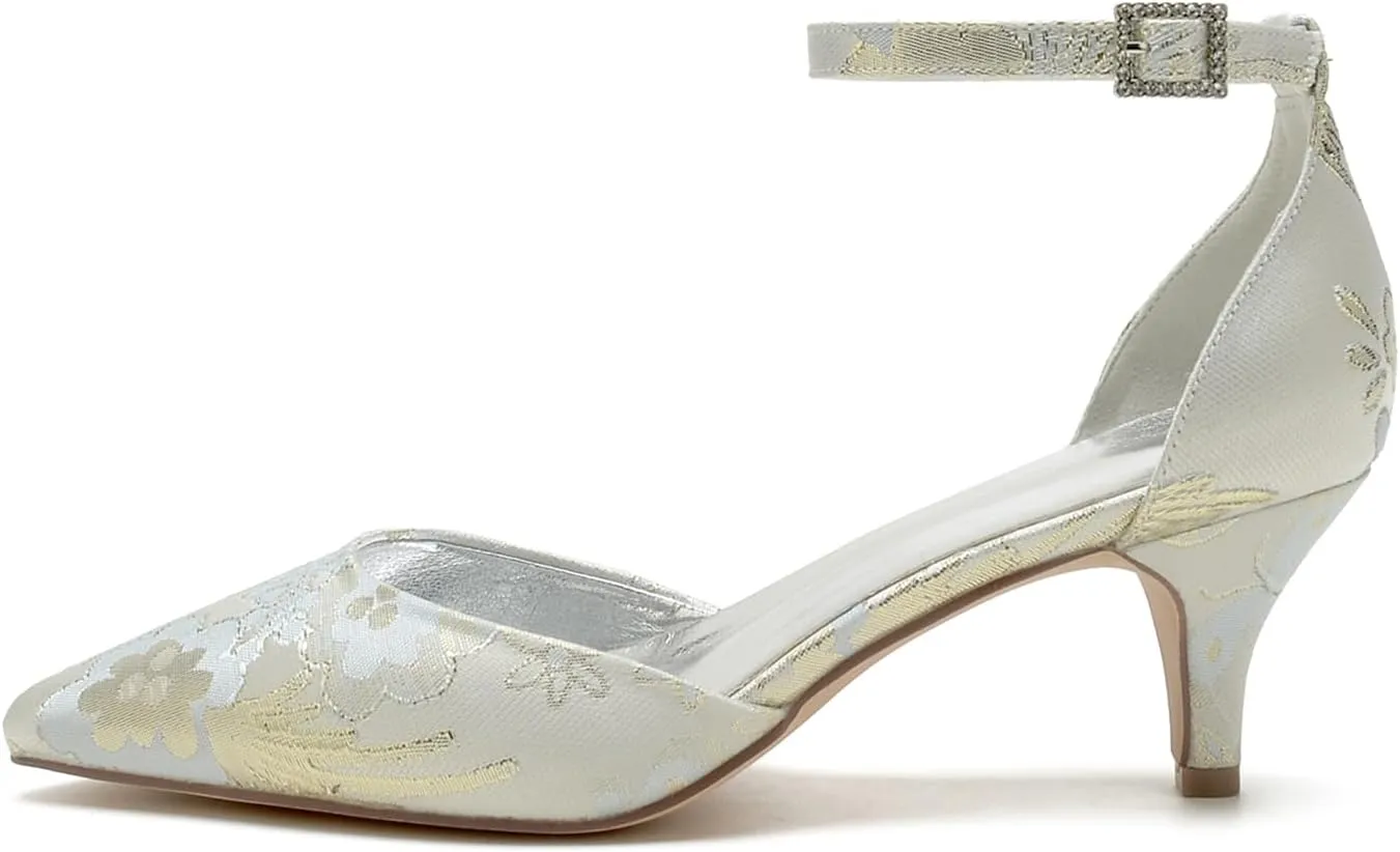 Women Rhinestone Buckle Bridal Silk Wedding Shoes Satin Pointed Toe Pumps High Heel Prom Shoes