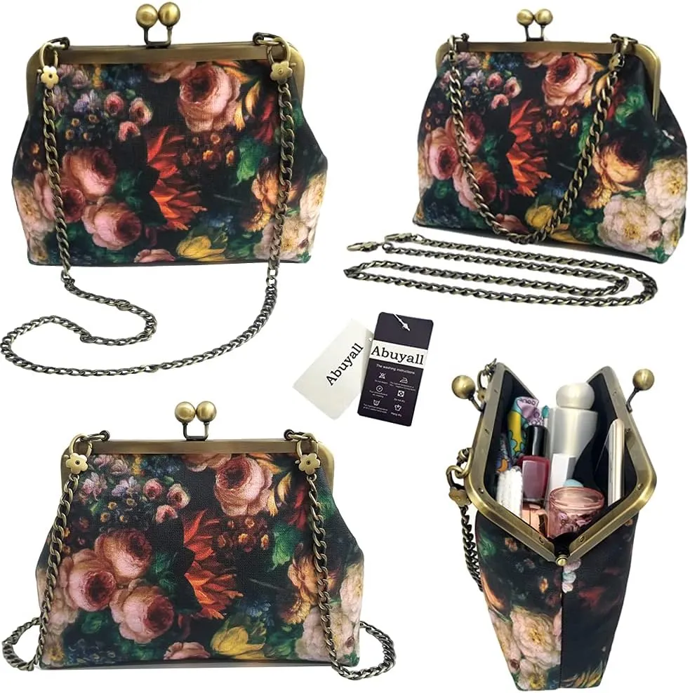 Women Small Retro Purse Vintage Top Handle Handbag Kiss Lock Shoulder Bag