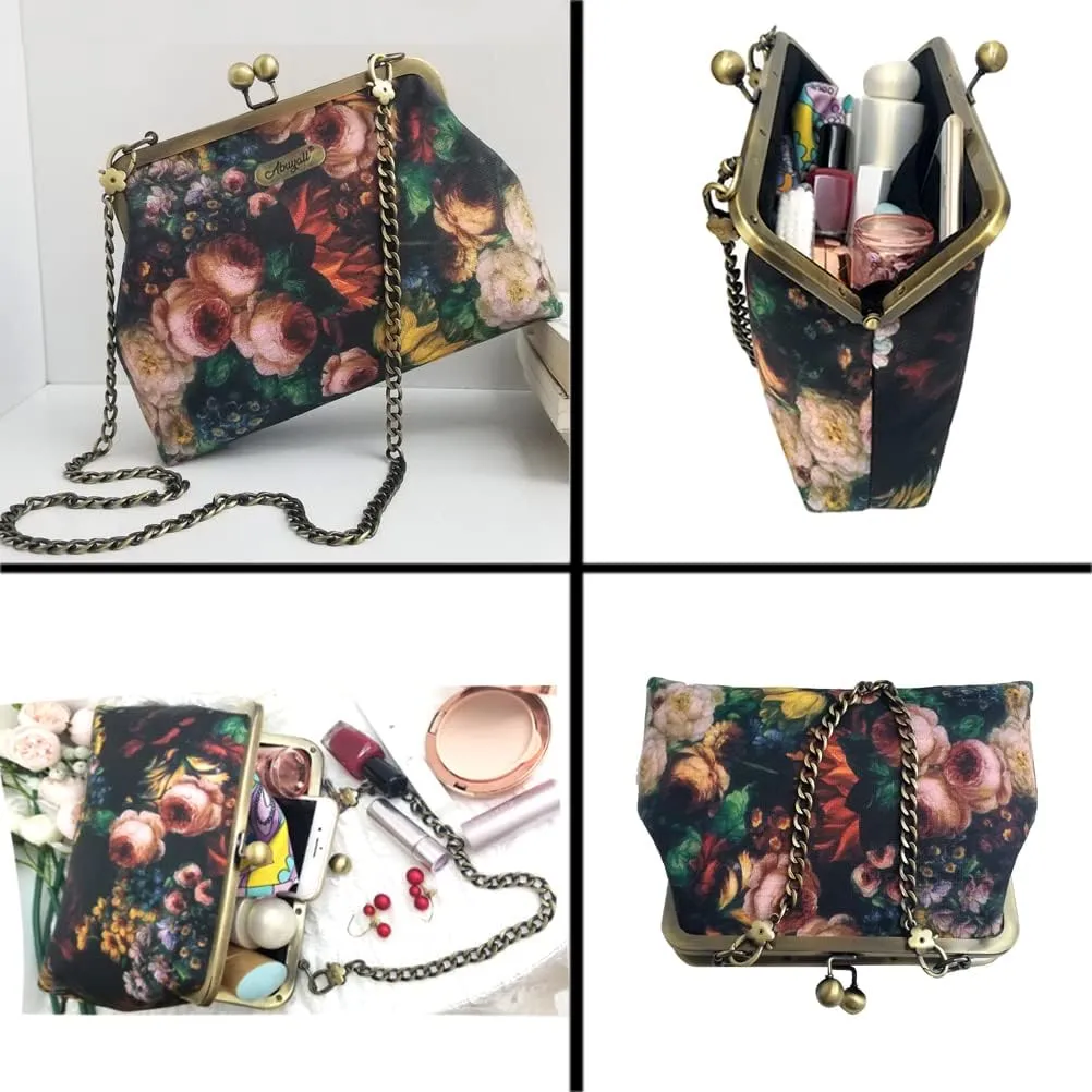 Women Small Retro Purse Vintage Top Handle Handbag Kiss Lock Shoulder Bag