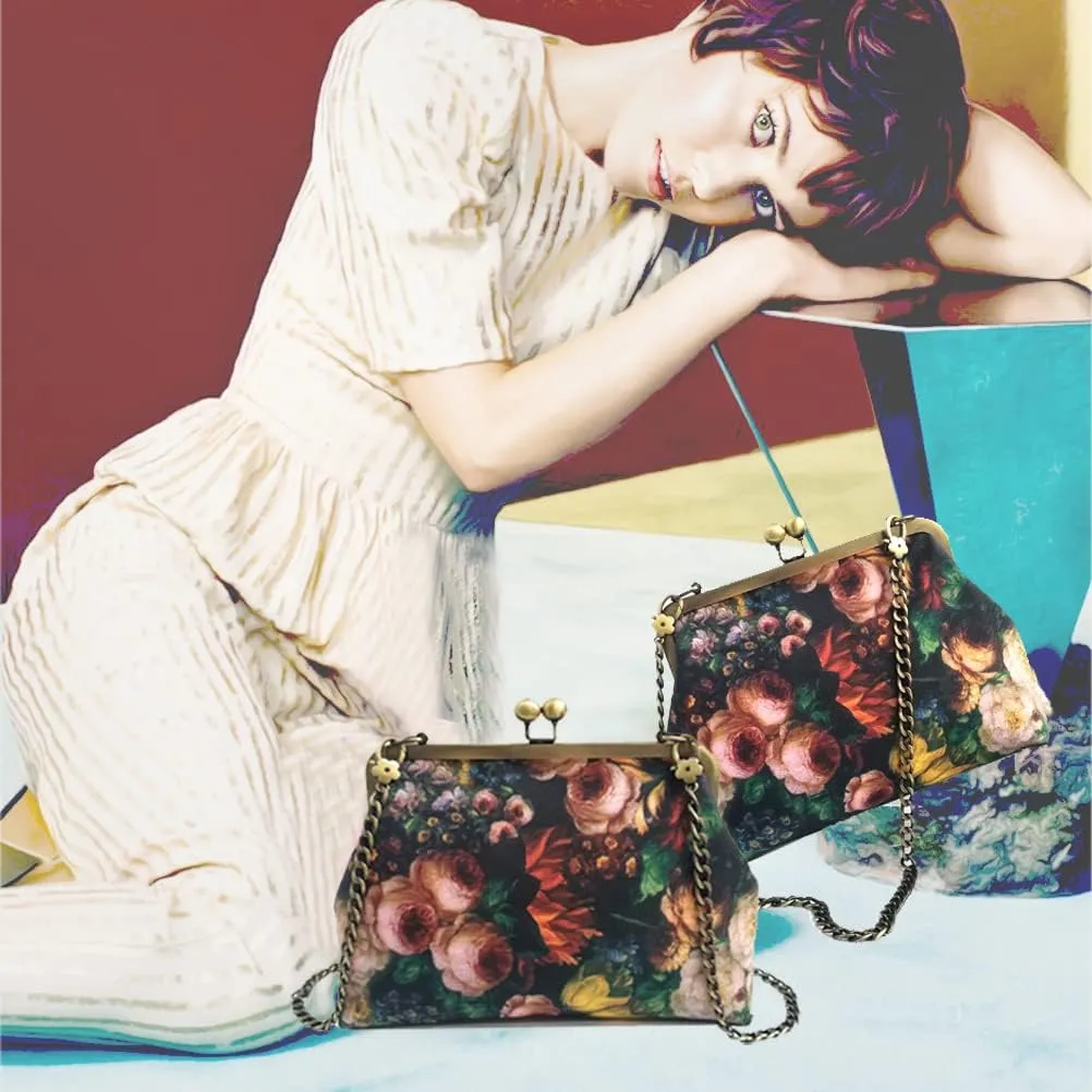 Women Small Retro Purse Vintage Top Handle Handbag Kiss Lock Shoulder Bag