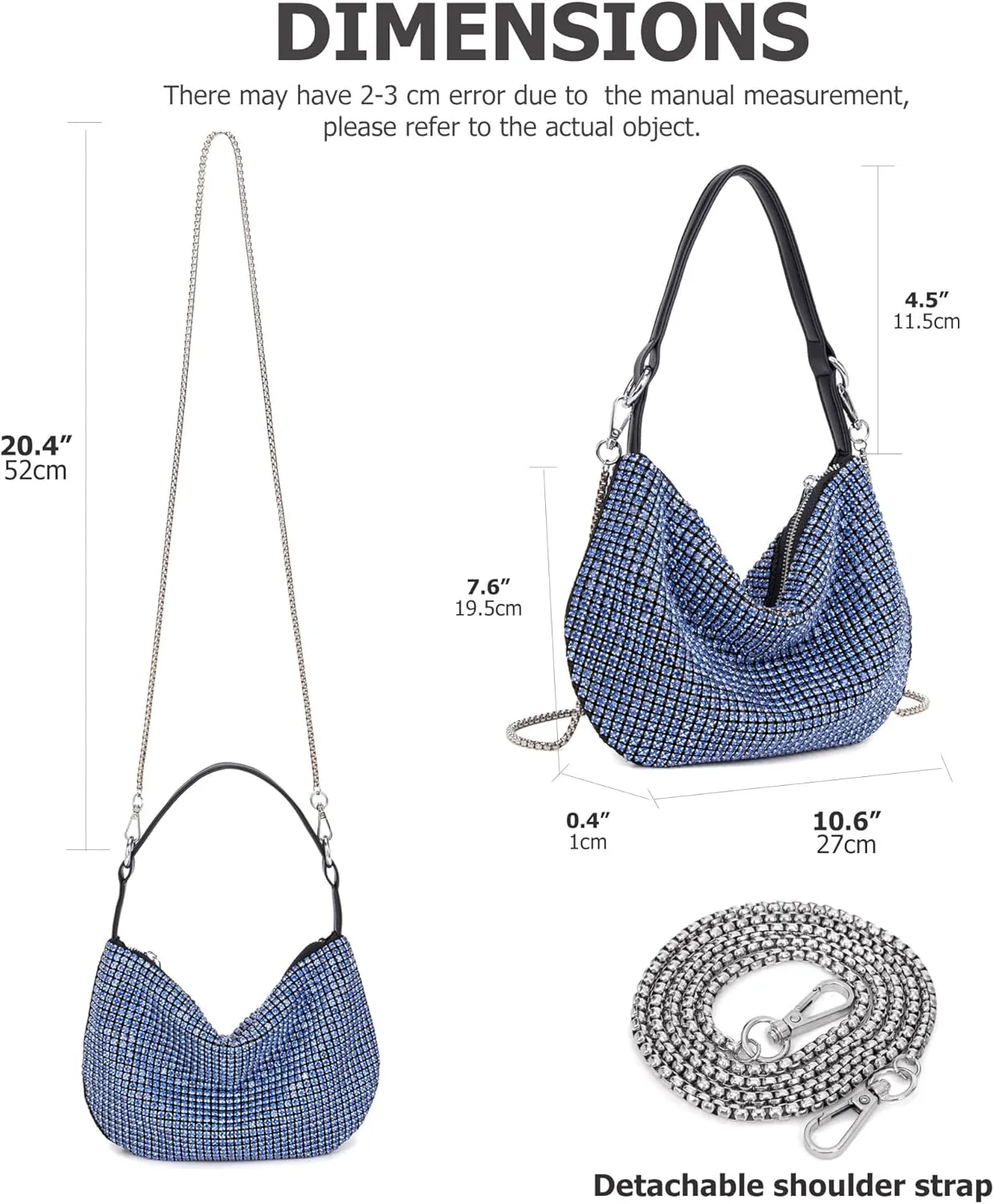 Women Sparkly Rhinestone Purse Tassel Crystal Diamond Crossbody Bag Silver Chain Clutch for Evening Prom Party