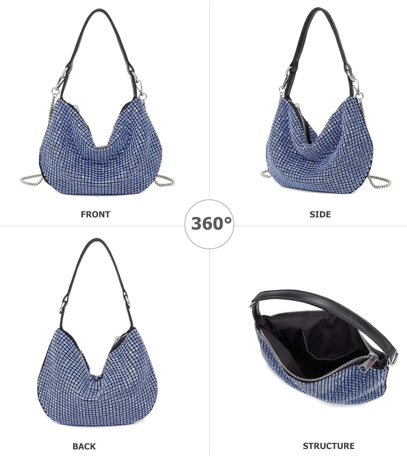 Women Sparkly Rhinestone Purse Tassel Crystal Diamond Crossbody Bag Silver Chain Clutch for Evening Prom Party