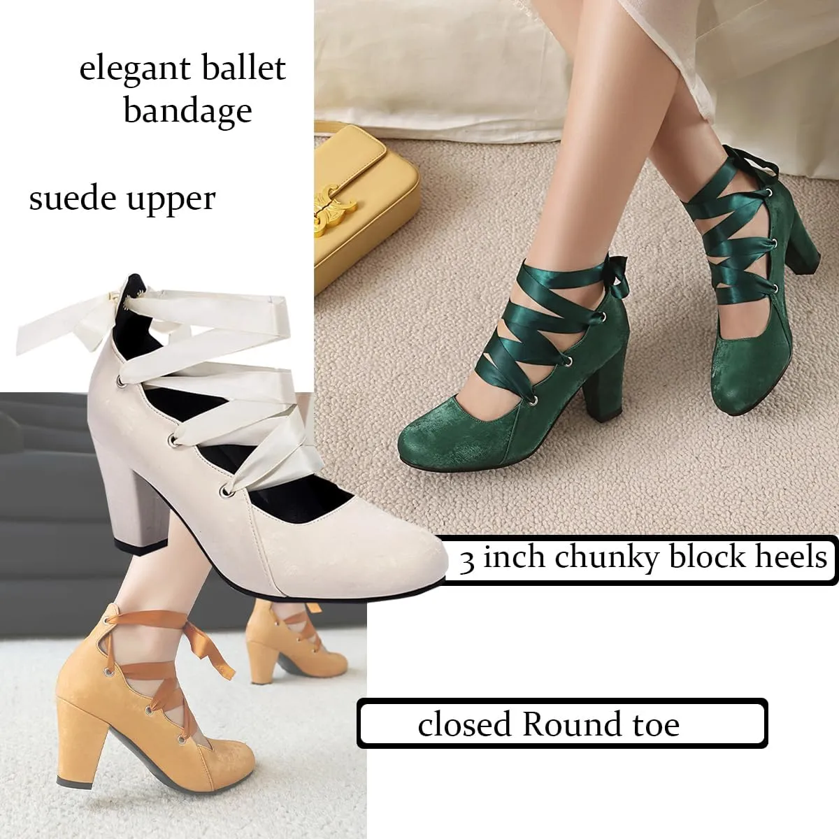 Women Velvet Chunky High Heels Pumps Round Toe Ballet Pumps Bow Strappy 3 inch Block Heel Dress Shoes Elegant Lace Up Dress Shoes Cross Strap Party Evening Heels 4-11 M US