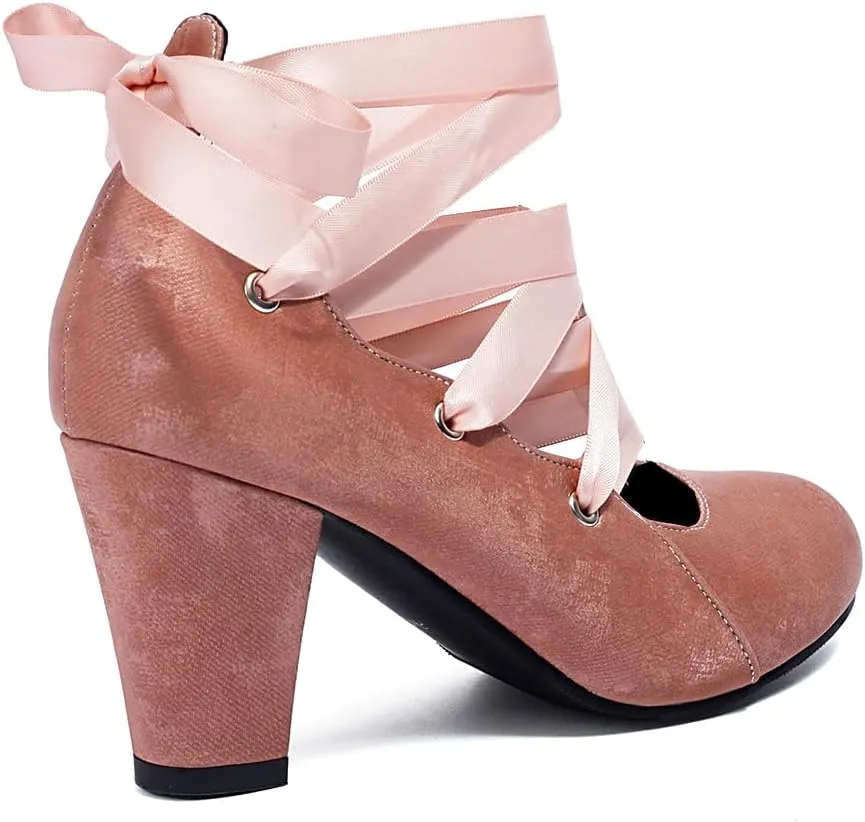 Women Velvet Chunky High Heels Pumps Round Toe Ballet Pumps Bow Strappy 3 inch Block Heel Dress Shoes Elegant Lace Up Dress Shoes Cross Strap Party Evening Heels 4-11 M US