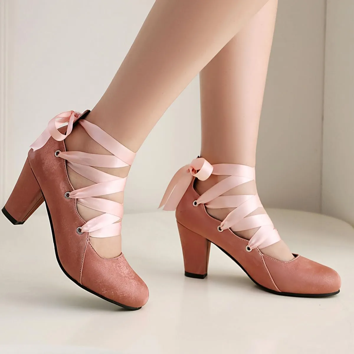 Women Velvet Chunky High Heels Pumps Round Toe Ballet Pumps Bow Strappy 3 inch Block Heel Dress Shoes Elegant Lace Up Dress Shoes Cross Strap Party Evening Heels 4-11 M US