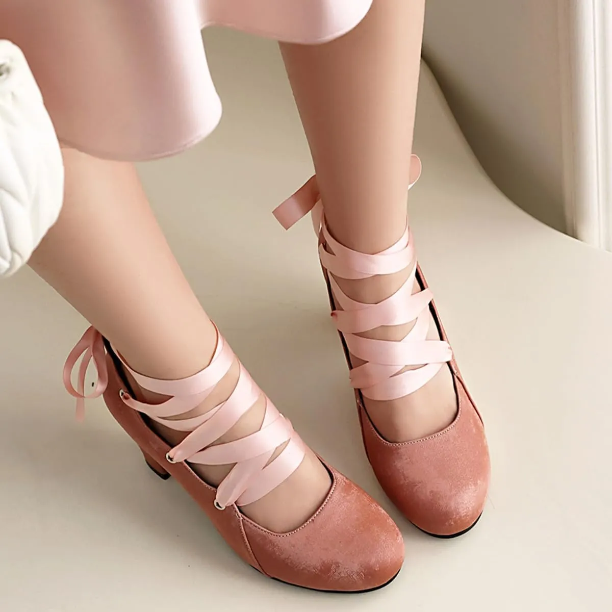 Women Velvet Chunky High Heels Pumps Round Toe Ballet Pumps Bow Strappy 3 inch Block Heel Dress Shoes Elegant Lace Up Dress Shoes Cross Strap Party Evening Heels 4-11 M US