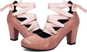 Women Velvet Chunky High Heels Pumps Round Toe Ballet Pumps Bow Strappy 3 inch Block Heel Dress Shoes Elegant Lace Up Dress Shoes Cross Strap Party Evening Heels 4-11 M US