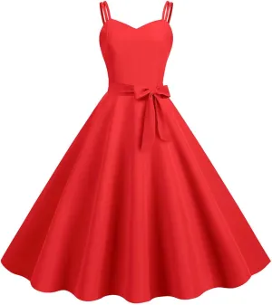 Women Vintage 1950s Rockabilly Sleeveless Spaghetti Strap Audrey Dress Retro Evening Cocktail Swing Dresses with Belt