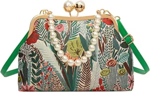Women Vintage Flower Embroidery Handbag,Retro Pearl Chain Crossbody Bag,Chinese Style Lock Pearl Handle Evening Bag