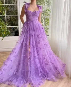 Women's 3D Butterfly Tulle Prom Dress Lace Applique Sweetheart Long Slit Formal Evening Gown