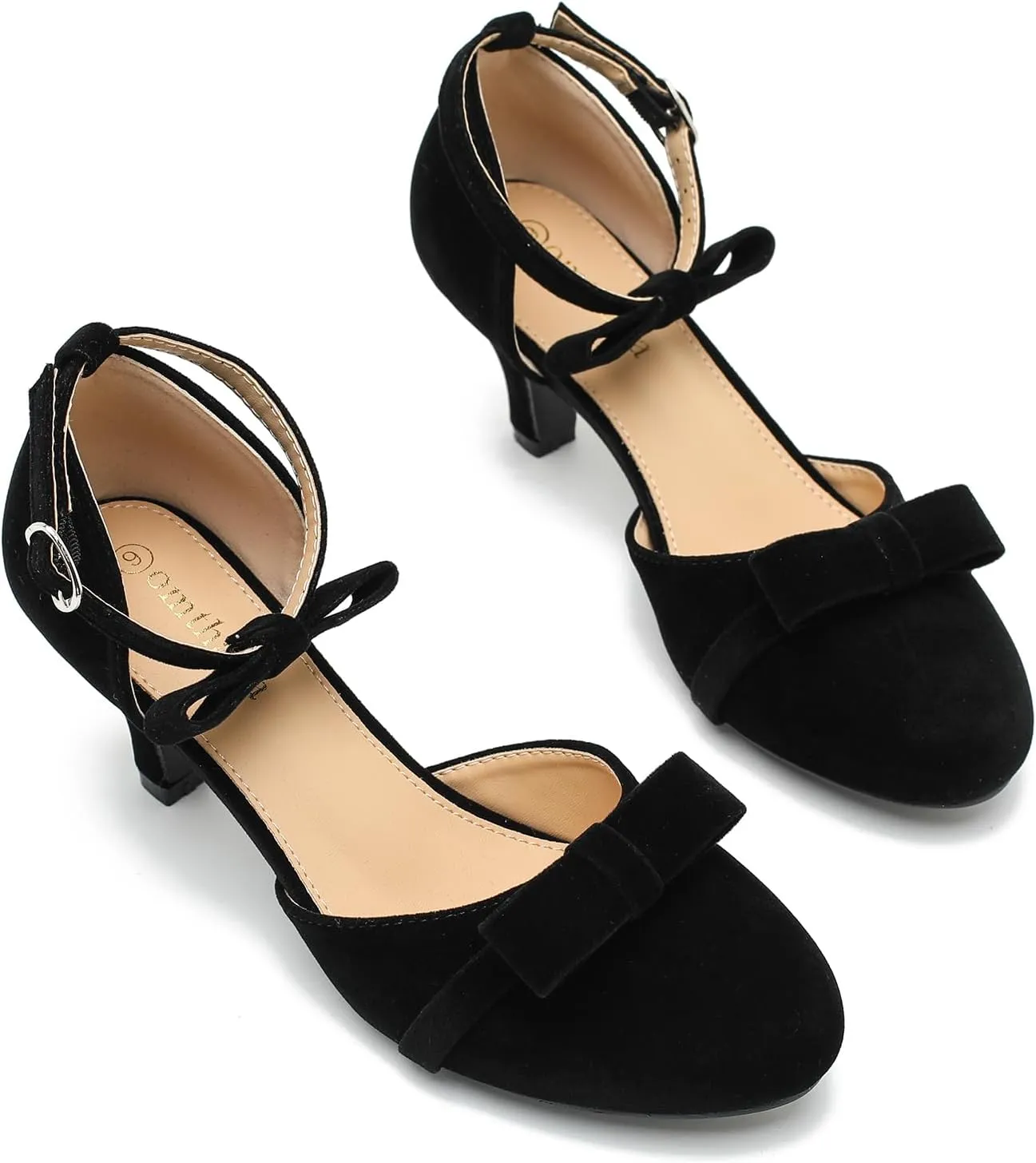 Womens Ankle Strap Bow Kitten Heels Dressy Shoes Comfortable Closed Toe Low Heel Formal Party Dance Prom Pumps