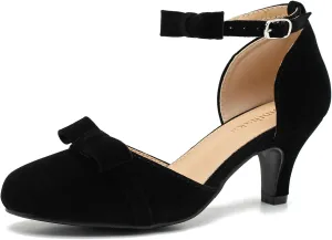 Womens Ankle Strap Bow Kitten Heels Dressy Shoes Comfortable Closed Toe Low Heel Formal Party Dance Prom Pumps