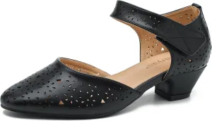 Women's Ankle Strap Cut Out Closed Toe Low Block Heels Pumps Retro Shoes Hook and Loop D'Orsay Comfortable Vintage Dressy Wedding Party Work Church Shoes