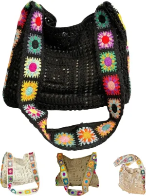 Women's Boho Embroidery Crossbody Bag Hollow Out Crochet Knit Shoulder Bag Knited Bag Handbag Summer Beach Tote