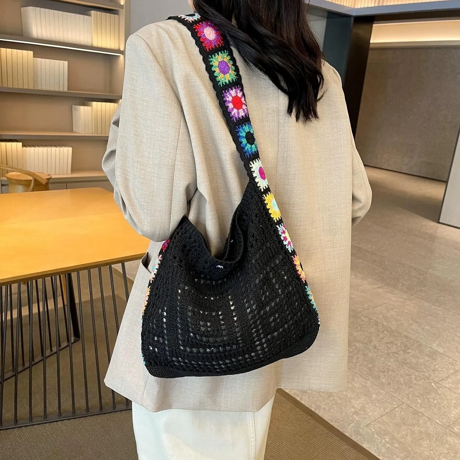 Women's Boho Embroidery Crossbody Bag Hollow Out Crochet Knit Shoulder Bag Knited Bag Handbag Summer Beach Tote