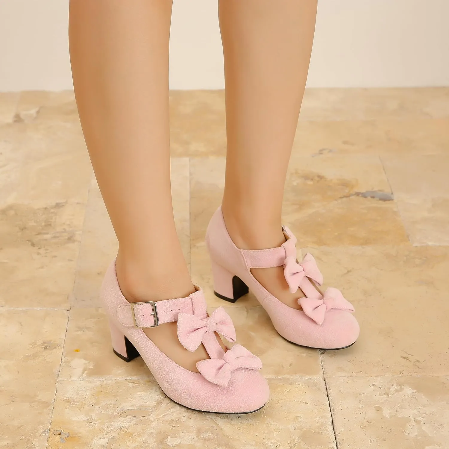 Women's Bow Heel Pumps Vintage T Strap Mary Jane Mid Chunky Heel Dress Shoes