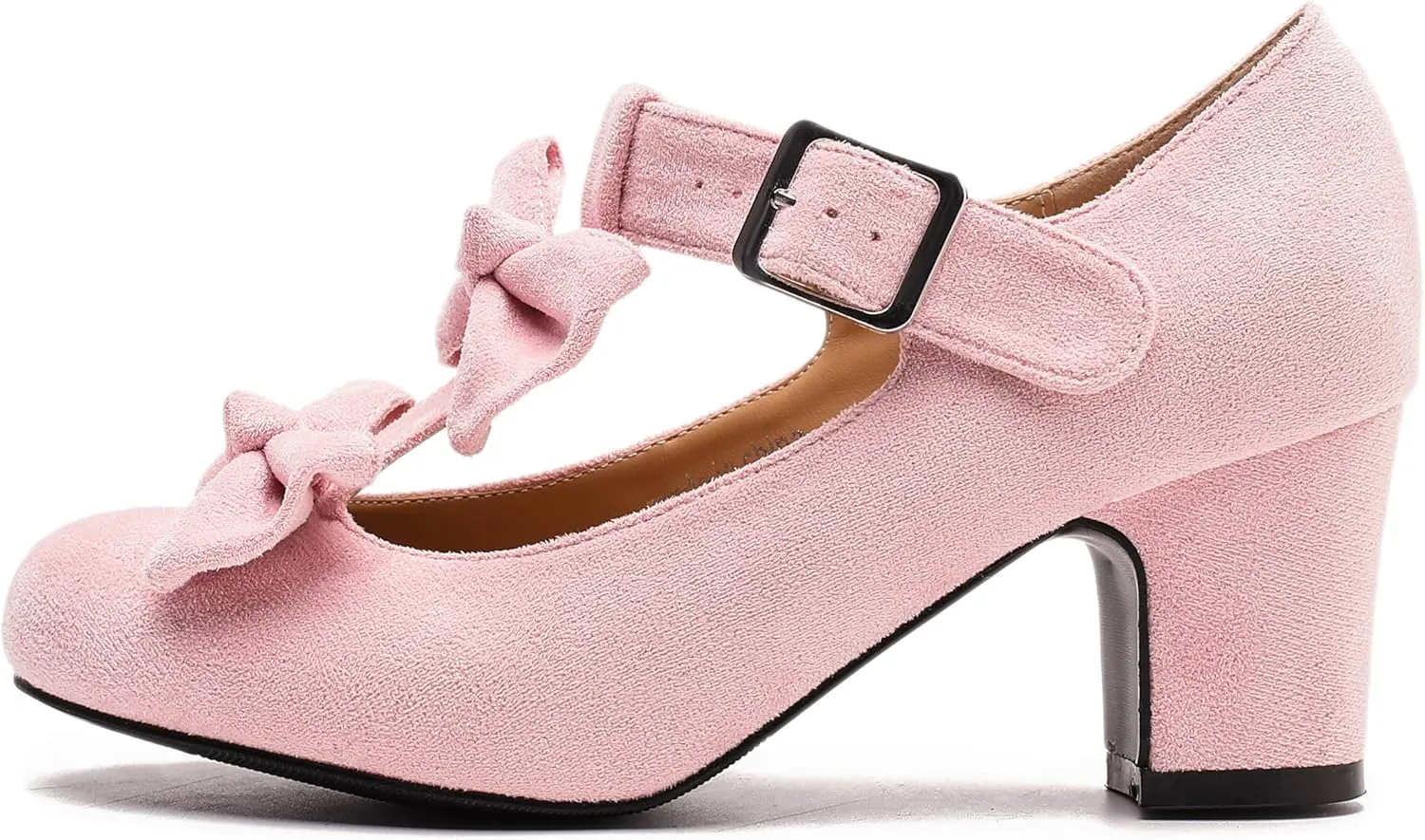 Women's Bow Heel Pumps Vintage T Strap Mary Jane Mid Chunky Heel Dress Shoes