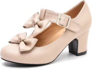 Women's Bow Heel Pumps Vintage T Strap Mary Jane Mid Chunky Heel Dress Shoes