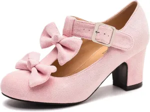 Women's Bow Heel Pumps Vintage T Strap Mary Jane Mid Chunky Heel Dress Shoes