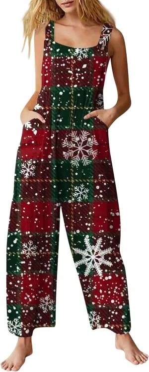 Women's Casual Jumpsuit Sleeveless Christmas Plaid Snowflake 3D Printed Cotton Jumpsuit Jumpsuits for Women