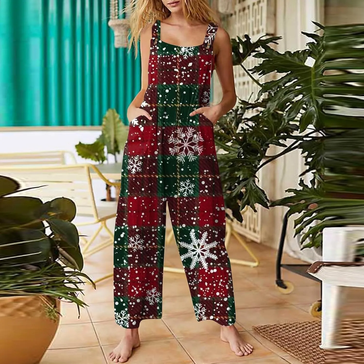 Women's Casual Jumpsuit Sleeveless Christmas Plaid Snowflake 3D Printed Cotton Jumpsuit Jumpsuits for Women