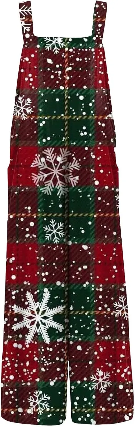 Women's Casual Jumpsuit Sleeveless Christmas Plaid Snowflake 3D Printed Cotton Jumpsuit Jumpsuits for Women