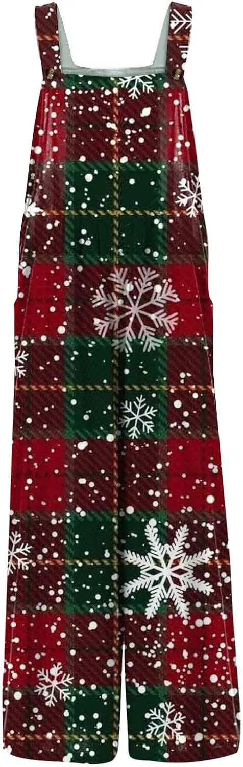 Women's Casual Jumpsuit Sleeveless Christmas Plaid Snowflake 3D Printed Cotton Jumpsuit Jumpsuits for Women