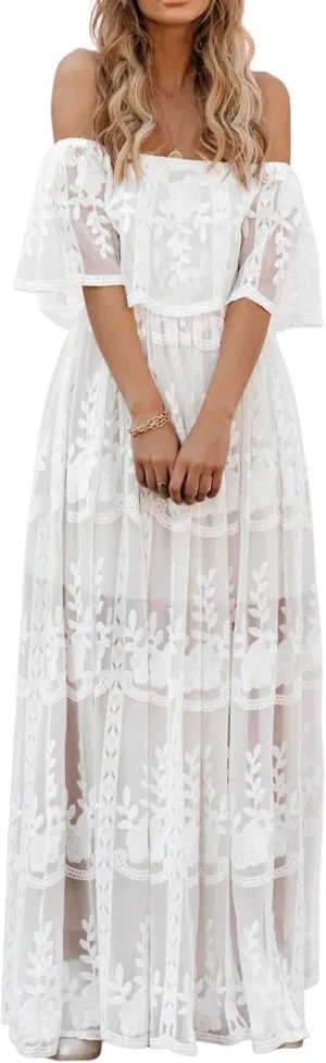 Women's Casual Off Shoulder Lace Maxi Dress Boho White Bridesmaid Wedding Evening Party Dresses