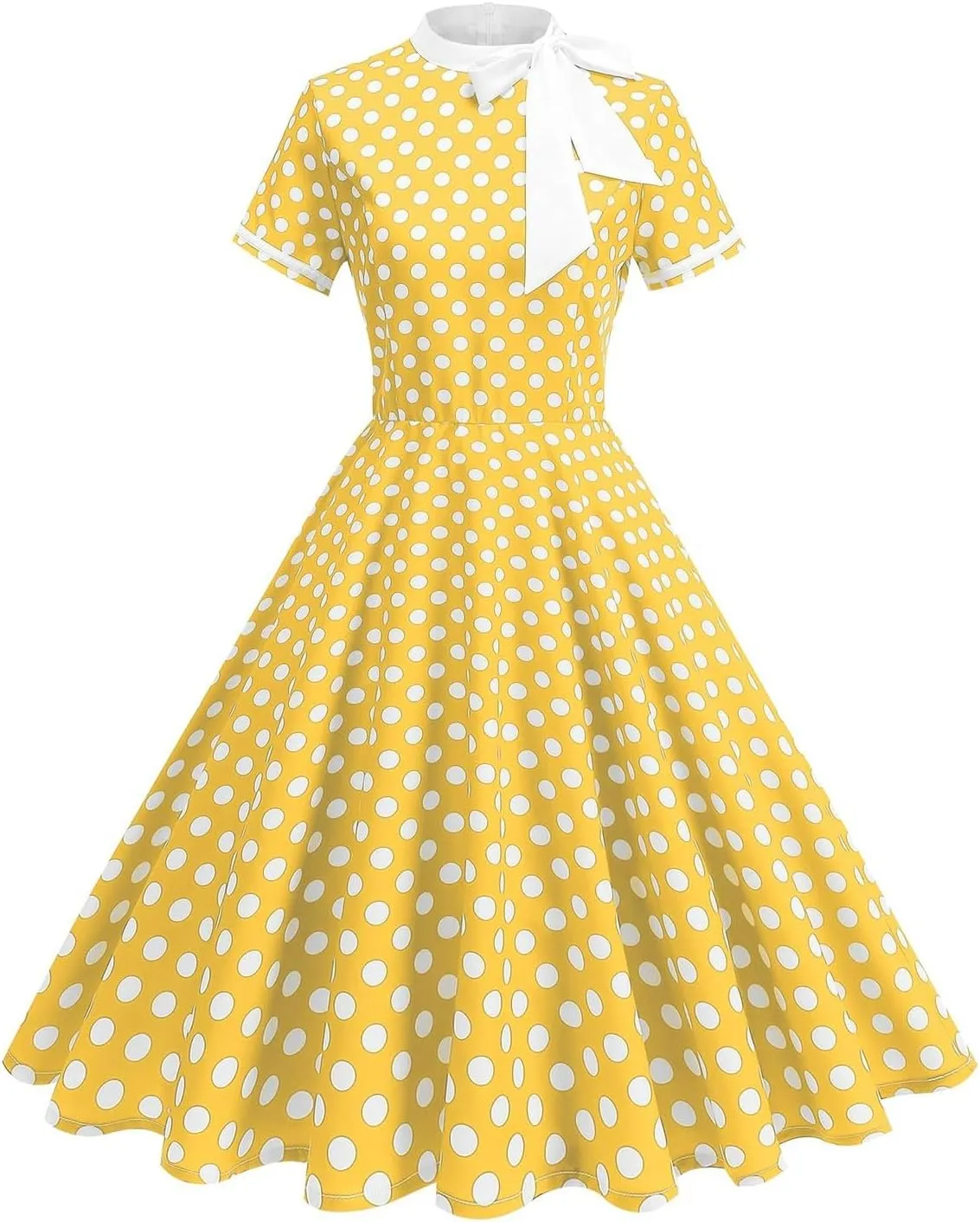 Womens Casual Prom Swing Dress Short Sleeve Tie Neck Vintage Cocktail Party Dress Polka Dot 50s Flared A-Line Gowns