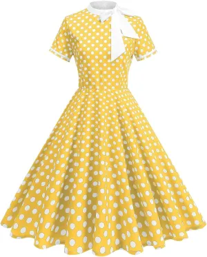 Womens Casual Prom Swing Dress Short Sleeve Tie Neck Vintage Cocktail Party Dress Polka Dot 50s Flared A-Line Gowns