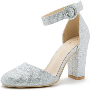 Women's Closed Toe Heels Ankle Strap Pumps Chunky Block High Heel D'Orsay Wedding Dress Shoes