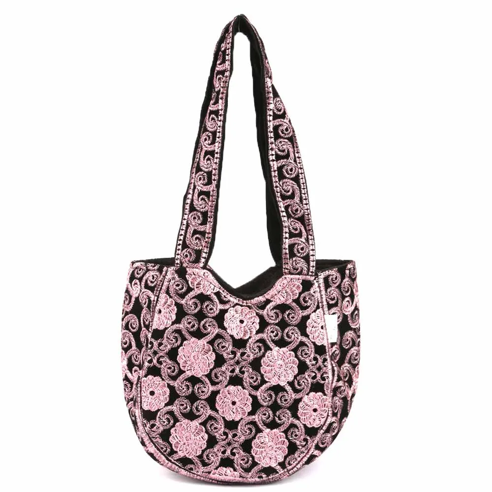 Women's Embroidered Shoulder Handbag - Pink